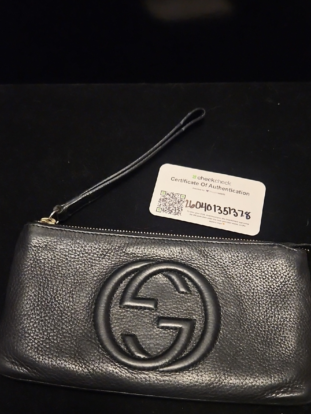Gucci Black Embossed Double G Leather Wristlet With COA